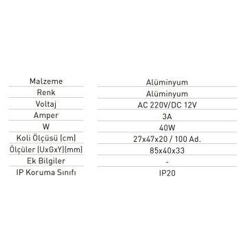 JUPITER LK904 12 Volt 3 Amper 40 Watt Slim LED Trafosu