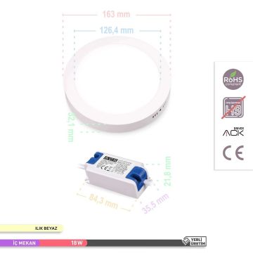 ACK AP03-01810 18 Watt Sıva Üstü Yuvarlak LED Panel - OSRAM LED - Ilık Beyaz (4000K)