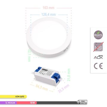 ACK AP03-01800 18 Watt Sıva Üstü Yuvarlak LED Panel - OSRAM LED - Gün Işığı (3000K)