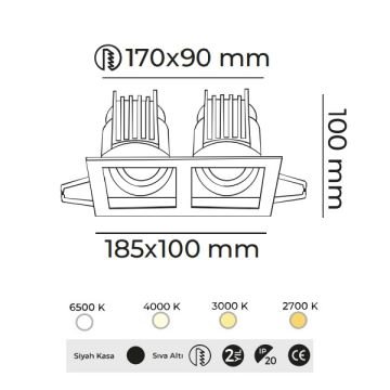 MOLLED MOL1682M 2x12 Watt Siyah Kasa Sıva Altı İkili LED Spot (SAMSUNG/OSRAM/PHILIPS LED & EAGLERISE/PHILIPS/LIFUD Driver)