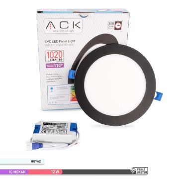 ACK AP03-01231 12 Watt Siyah Kasa Sıva Üstü Yuvarlak LED Panel - OSRAM LED - Beyaz Işık (6500K)