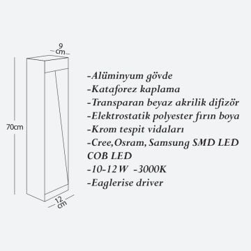 CreaLight CL-B-139 12 Watt 70 cm LED Bollard Armatür - Metal Gövde - SAMSUNG/CREE/OSRAM LED & EAGLERISE Driver - IP54 - Gün Işığı (3000K)