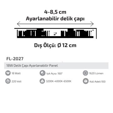 FORLIFE FL-2027 18 Watt Sıva Altı Ayarlanabilir Yuvarlak LED Panel