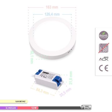 ACK AP03-01210 12 Watt Sıva Üstü Yuvarlak LED Panel - OSRAM LED - Ilık Beyaz (4000K)