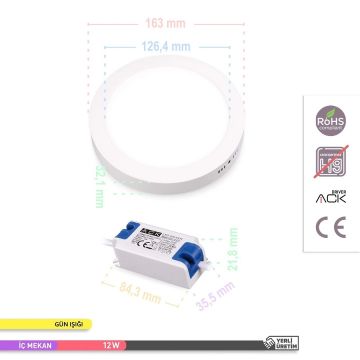 ACK AP03-01200 12 Watt Sıva Üstü Yuvarlak LED Panel - OSRAM LED - Gün Işığı (3000K)