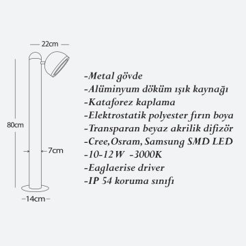 CreaLight CL-B-149 12 Watt 80 cm LED Bollard Armatür - Metal Gövde - SAMSUNG/CREE/OSRAM LED & EAGLERISE Driver - IP54 - Gün Işığı (3000K)