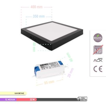 ACK AP04-03311 32 Watt Siyah Kasa Sıva Üstü 30x30 LED Panel - OSRAM LED - Ilık Beyaz (4000K)