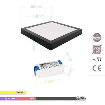 ACK AP04-03301 32 Watt Siyah Kasa Sıva Üstü 30x30 LED Panel - OSRAM LED - Gün Işığı (3000K)