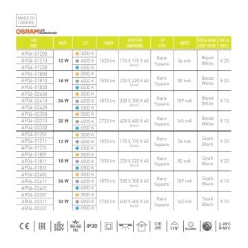 ACK AP04-03301 32 Watt Siyah Kasa Sıva Üstü 30x30 LED Panel - OSRAM LED - Gün Işığı (3000K)