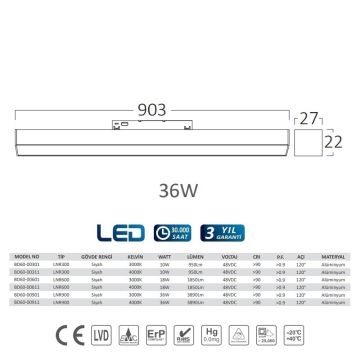 Braytron BD60-00901 36 Watt 90 cm LED Magnet Armatür - Gün Işığı (3000K)