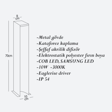 CreaLight CL-B-141 12 Watt 70 cm LED Bollard Armatür - Metal Gövde - SAMSUNG LED & EAGLERISE Driver - IP54 - Gün Işığı (3000K)