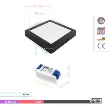 ACK AP04-02431 24 Watt Siyah Kasa Sıva Üstü 30x30 LED Panel - OSRAM LED - Beyaz Işık (6500K)