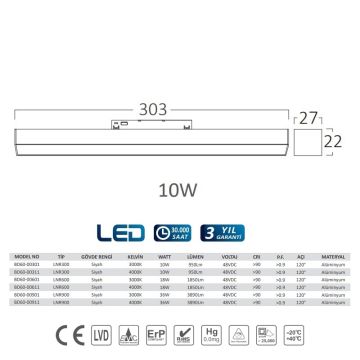 Braytron BD60-00311 10 Watt 30 cm LED Magnet Armatür - Ilık Beyaz (4000K)