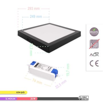 ACK AP04-02401 24 Watt Siyah Kasa Sıva Üstü 30x30 LED Panel - OSRAM LED - Gün Işığı (3000K)