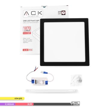 ACK AP04-02401 24 Watt Siyah Kasa Sıva Üstü 30x30 LED Panel - OSRAM LED - Gün Işığı (3000K)