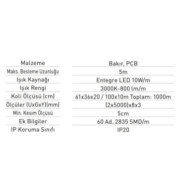 JUPITER LE206 12 Volt 10 Watt/Metre Şerit Led - Gün Işığı (3000K) [5 Metre]