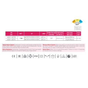 ACK AD01-00790 7 Watt Beyaz Kasa Sıva Altı Yuvarlak LED Spot - 3 Işık Renkli (Beyaz + Ilık Beyaz + Gün ışığı)