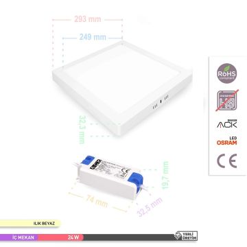 ACK AP04-02410 24 Watt Sıva Üstü 30x30 LED Panel - OSRAM LED - Ilık Beyaz (4000K)