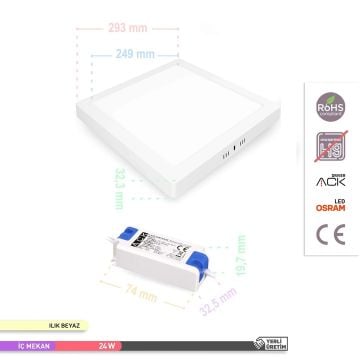 ACK AP04-02410 24 Watt Sıva Üstü 30x30 LED Panel - OSRAM LED - Ilık Beyaz (4000K)