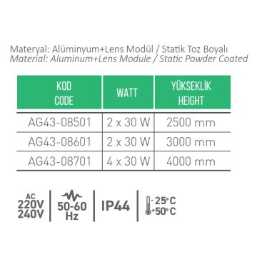 ACK AG43-08501 Alsa 2x30 Watt 250 cm LED Bollard Armatür - Gün Işığı (3000K)