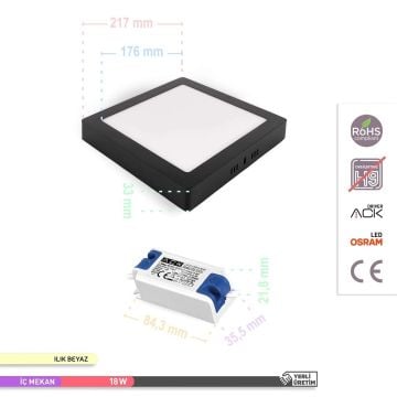 ACK AP04-01811 18 Watt Siyah Kasa Sıva Üstü Kare LED Panel - OSRAM LED - Ilık Beyaz (4000K)