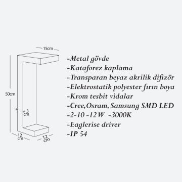 CreaLight CL-B-155 12 Watt 50 cm LED Bollard Armatür -SAMSUNG/CREE/OSRAM LED & EAGLERISE Driver - Metal Gövde - IP54 - Gün Işığı (3000K)