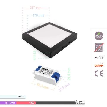 ACK AP04-01801 18 Watt Siyah Kasa Sıva Üstü Kare LED Panel - OSRAM LED - Gün Işığı (3000K)