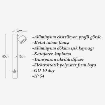 CreaLight CL-B-147 60 cm Hareketli Başlıklı LED Bollard Armatür - Metal Gövde - GU10 Duylu - IP54