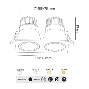 MOLLED MOL4082M 2x12 Watt Siyah Kasa Sıva Altı İkili LED Spot