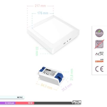 ACK AP04-01830 18 Watt Sıva Üstü Kare LED Panel - OSRAM LED - Beyaz Işık (6500K)