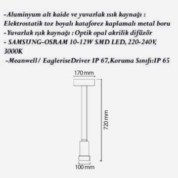 CreaLight CL-B-108 12 Watt 72 cm LED Bollard Armatür - Metal Gövde - SAMSUNG/OSRAM LED & MEAN WELL/EAGLERISE Driver - IP65 - Gün Işığı (3000K)