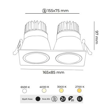 MOLLED MOL4082M 2x10 Watt Siyah Kasa Sıva Altı İkili LED Spot (SAMSUNG/OSRAM/PHILIPS LED & EAGLERISE/PHILIPS/LIFUD Driver)