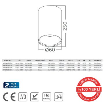 Braytron SBH04-10501M 10 Watt 6x25 cm Siyah Sıva Üstü LED Spot - Gün Işığı (3000K)