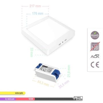 ACK AP04-01800 18 Watt Sıva Üstü Kare LED Panel - OSRAM LED - Gün Işığı (3000K)