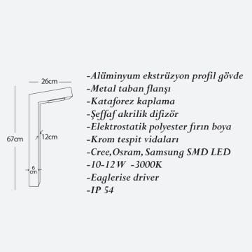 CreaLight CL-B-146 12 Watt 67 cm LED Bollard Armatür - Metal Gövde - SAMSUNG/CREE/OSRAM LED & EAGLERISE Driver - IP54 - Gün Işığı (3000K)