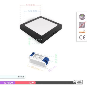 ACK AP04-01231 12 Watt Siyah Kasa Sıva Üstü Kare LED Panel - OSRAM LED - Beyaz Işık (6500K)