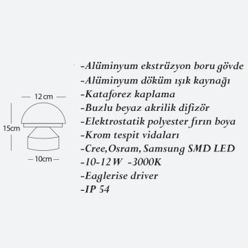 CreaLight CL-B-133 12 Watt 40 cm LED Mantar Bollard Armatür - Metal Gövde - SAMSUNG/CREE/OSRAM LED & EAGLERISE Driver - IP54 - Gün Işığı (3000K)