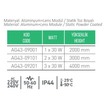 ACK AG43-09001 Alsa 30 Watt 200 cm LED Bollard Armatür - Gün Işığı (3000K)