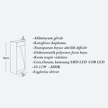 CreaLight CL-B-138 12 Watt 40 cm LED Bollard Armatür - Metal Gövde - SAMSUNG/CREE/OSRAM LED & EAGLERISE Driver - IP54 - Gün Işığı (3000K)