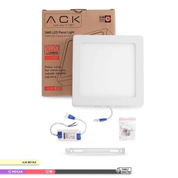 ACK AP04-01210 12 Watt Sıva Üstü Kare LED Panel - OSRAM LED - Ilık Beyaz (4000K)