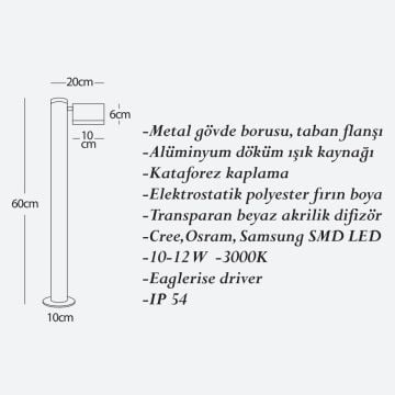 CreaLight CL-B-144 12 Watt 60 cm Hareketli Başlıklı LED Bollard Armatür - Metal Gövde - SAMSUNG/CREE/OSRAM LED & EAGLERISE Driver - IP54 - Gün Işığı (3000K)