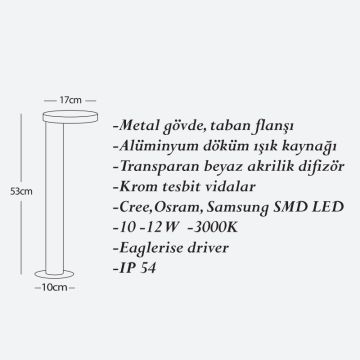 CreaLight CL-B-152 12 Watt 53 cm LED Bollard Armatür -SAMSUNG/CREE/OSRAM LED & EAGLERISE Driver - Metal Gövde - IP54 - Gün Işığı (3000K)