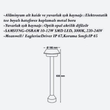 CreaLight CL-B-114 12 Watt 63 cm LED Bollard Armatür - Metal Gövde - SAMSUNG/OSRAM LED & MEAN WELL/EAGLERISE Driver - IP65 - Gün Işığı (3000K)