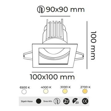 MOLLED MOL1681M 10 Watt Siyah Kasa Sıva Altı Kare LED Spot (SAMSUNG/OSRAM/PHILIPS LED & EAGLERISE/PHILIPS/LIFUD Driver)