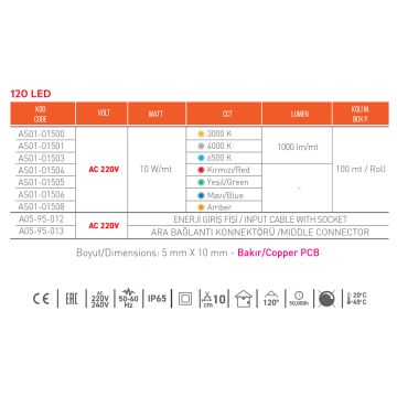 ACK AS01-01508 220 Volt Amber Dış Mekan Şerit Led - 10 Watt/Metre - 5x10 mm [100 Metre]