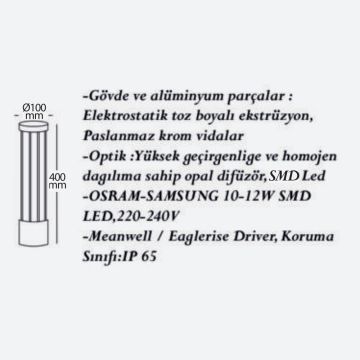 CreaLight CL-B-115 12 Watt 40 cm LED Bollard Armatür - Metal Gövde - SAMSUNG/OSRAM LED & MEAN WELL/EAGLERISE Driver - IP65 - Gün Işığı (3000K)