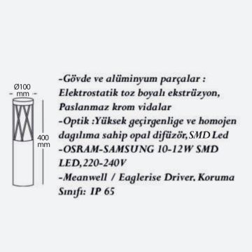 CreaLight CL-B-116 12 Watt 40 cm LED Bollard Armatür - Metal Gövde - SAMSUNG/OSRAM LED & MEAN WELL/EAGLERISE Driver - IP65 - Gün Işığı (3000K)