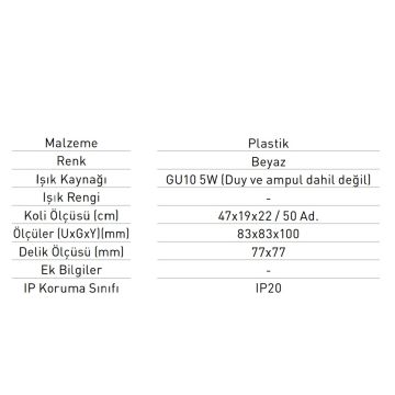 JUPITER JK719 B Beyaz Sıva Altı Kare Spot Kasası - Plastik