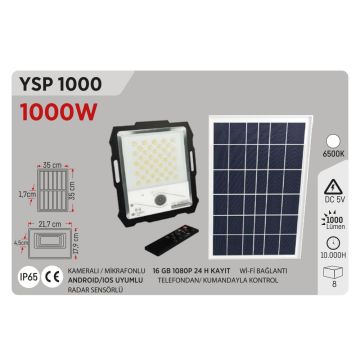 YCL YSP 1000 1000 Watt Sensörlü LED Solar Projektör - Kameralı - Mikrofonlu - Wifi Kontrollü - Beyaz Işık (6500K)