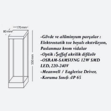 CreaLight CL-B-125 12 Watt 55 cm LED Bollard Armatür - Metal Gövde - SAMSUNG/OSRAM LED & MEAN WELL/EAGLERISE Driver - IP65 - Gün Işığı (3000K)